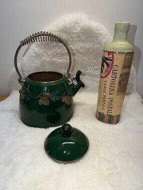 Dark Green Enamel Decorative Teapot with Leaf Accent + Rooster Themed Bottle 🐓